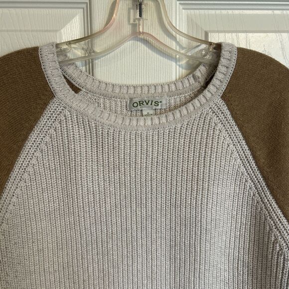 Orvis Sweater Elbow Patches Beige with Brown Arms Women’s Medium Cotton Knit - Picture 3 of 12